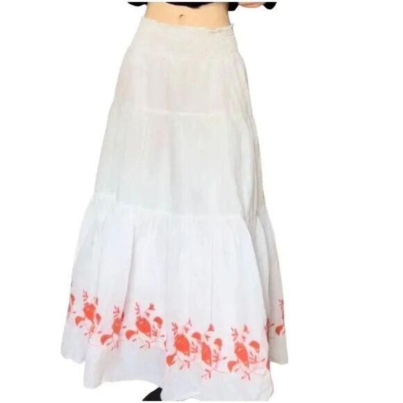 Old Navy Women's White & Dark Orange Cotton Embroidered Lined Tiered Pull On Max - Picture 1 of 11